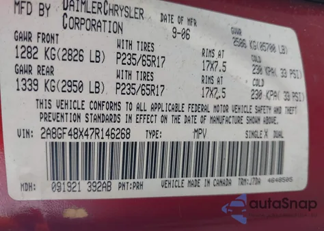 2007 Chrysler Pacifica z USA, uszkodzony, nr VIN 2A8GF48X47R146268